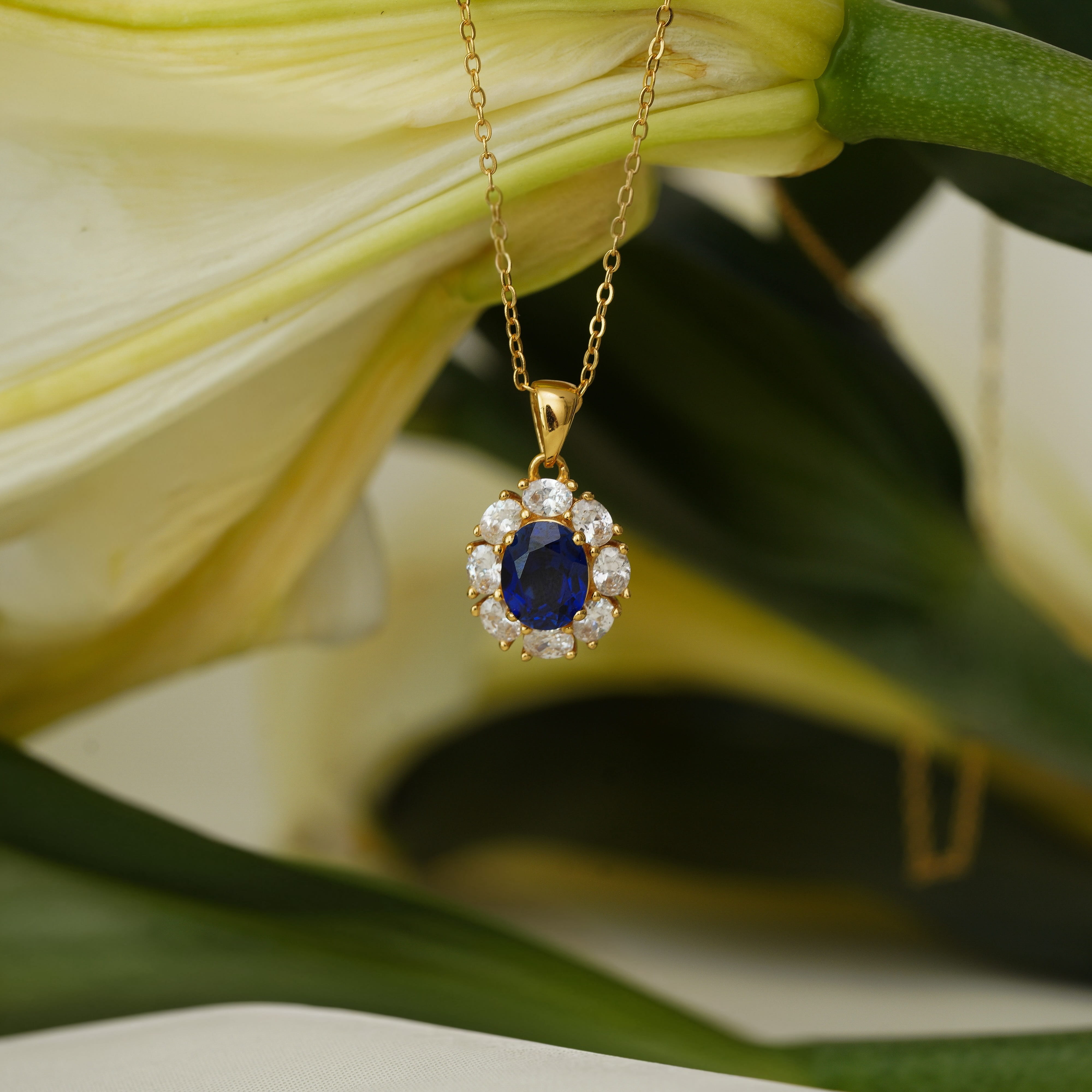 Lab Sapphire Halo Necklace