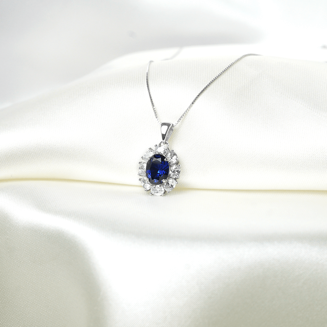 Lab Sapphire Halo Necklace