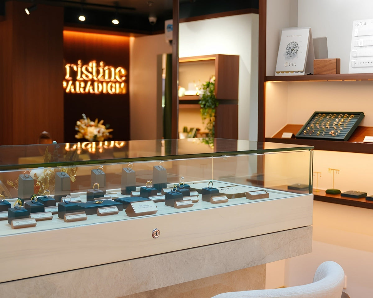 Pristine jewelry showroom with illuminated ring display cases